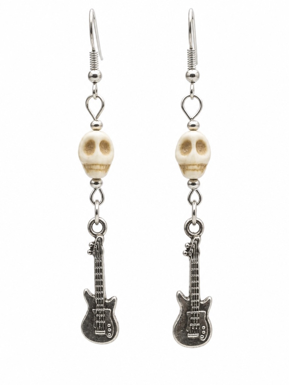 Antique Silver Guitar & Cream Mini Skull Dangle Earrings
